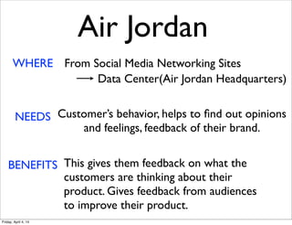 WHERE From Social Media Networking Sites
Data Center(Air Jordan Headquarters)
NEEDS Customer’s behavior, helps to ﬁnd out opinions
and feelings, feedback of their brand.
BENEFITS This gives them feedback on what the
customers are thinking about their
product. Gives feedback from audiences
to improve their product.
Air Jordan
Friday, April 4, 14
 