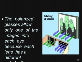  The polarized
glasses allow
only one of the
images into
each eye
because each
lens has a
different 27
 