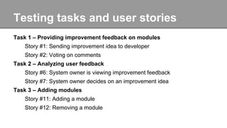 Testing tasks and user stories
Task 1 – Providing improvement feedback on modules
Story #1: Sending improvement idea to developer
Story #2: Voting on comments
Task 2 – Analyzing user feedback
Story #6: System owner is viewing improvement feedback
Story #7: System owner decides on an improvement idea
Task 3 – Adding modules
Story #11: Adding a module
Story #12: Removing a module
 