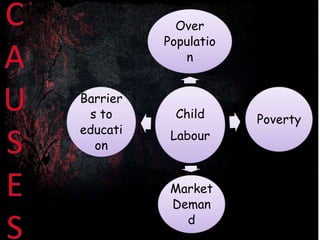Child
Labour
Over
Populatio
n
Poverty
Market
Deman
d
Barrier
s to
educati
on
 