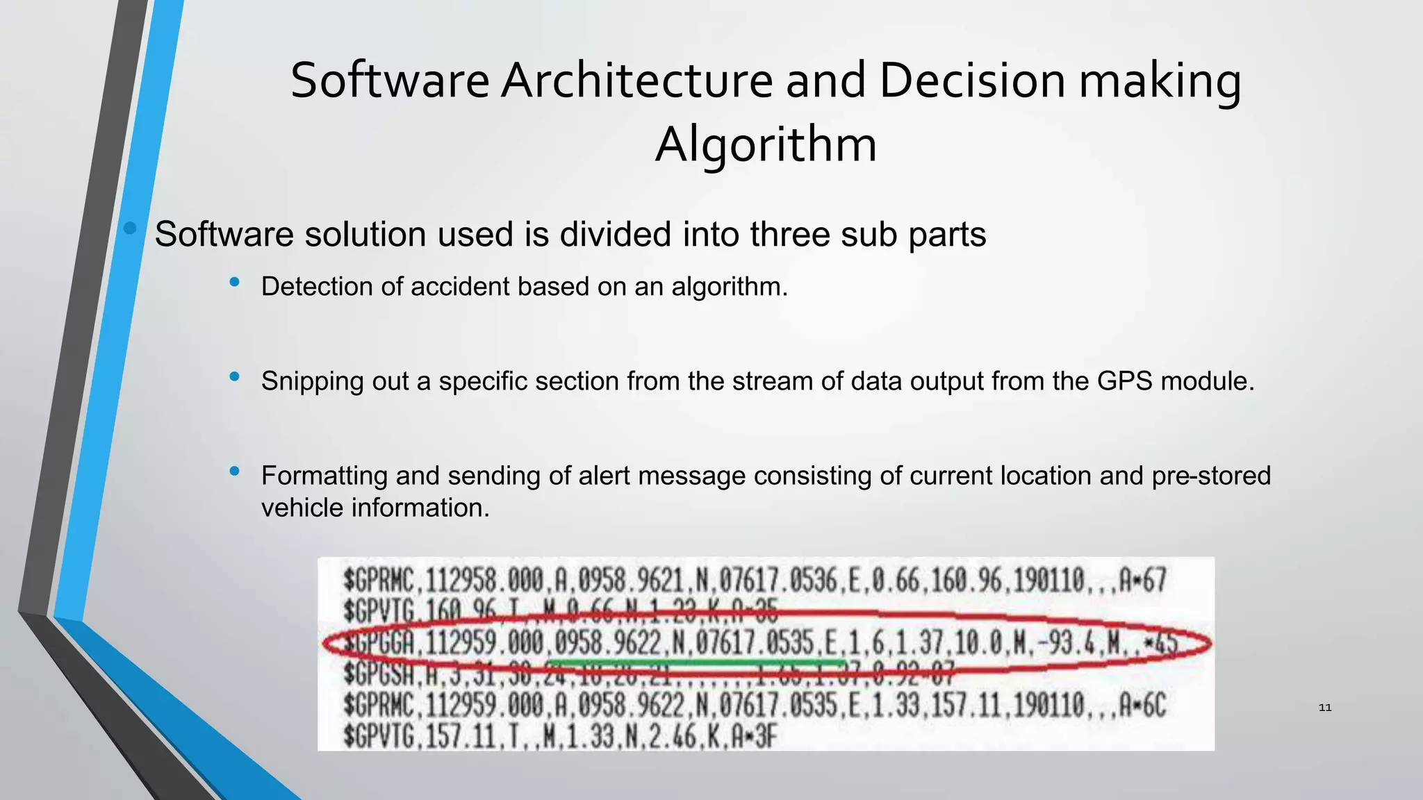 Software Architecture and Decision making
Algorithm
• Software solution used is divided into three sub parts
• Detection of accident based on an algorithm.
• Snipping out a specific section from the stream of data output from the GPS module.
• Formatting and sending of alert message consisting of current location and pre-stored
vehicle information.
11
 