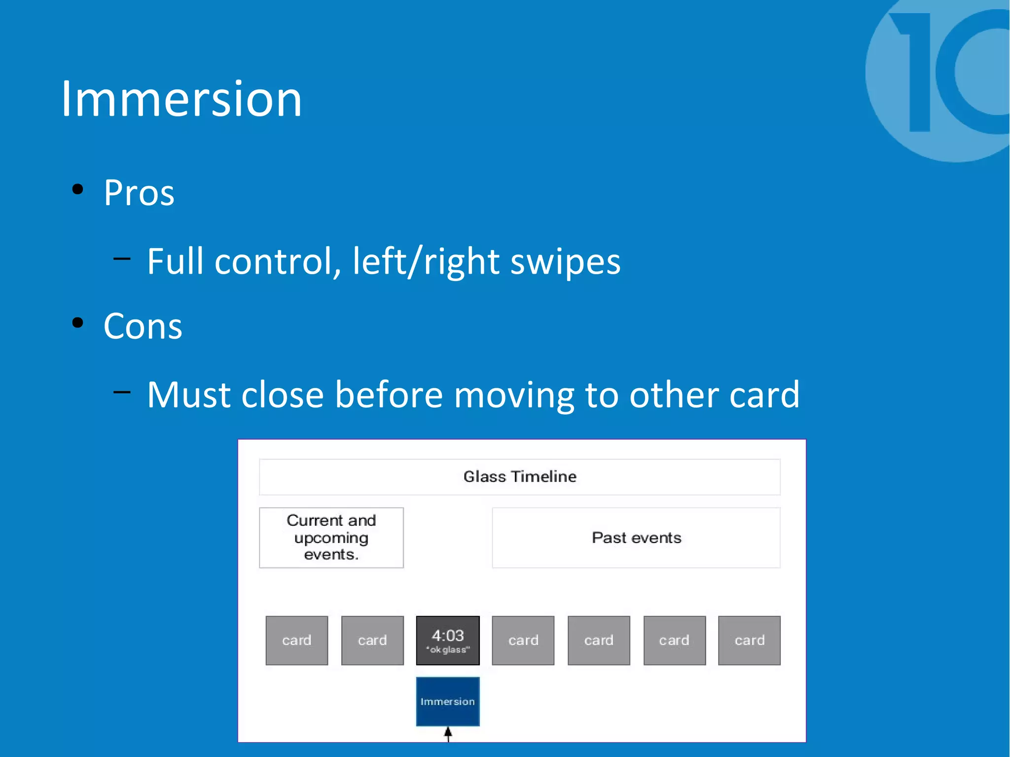 Immersion
●
Pros
– Full control, left/right swipes
●
Cons
– Must close before moving to other card
 