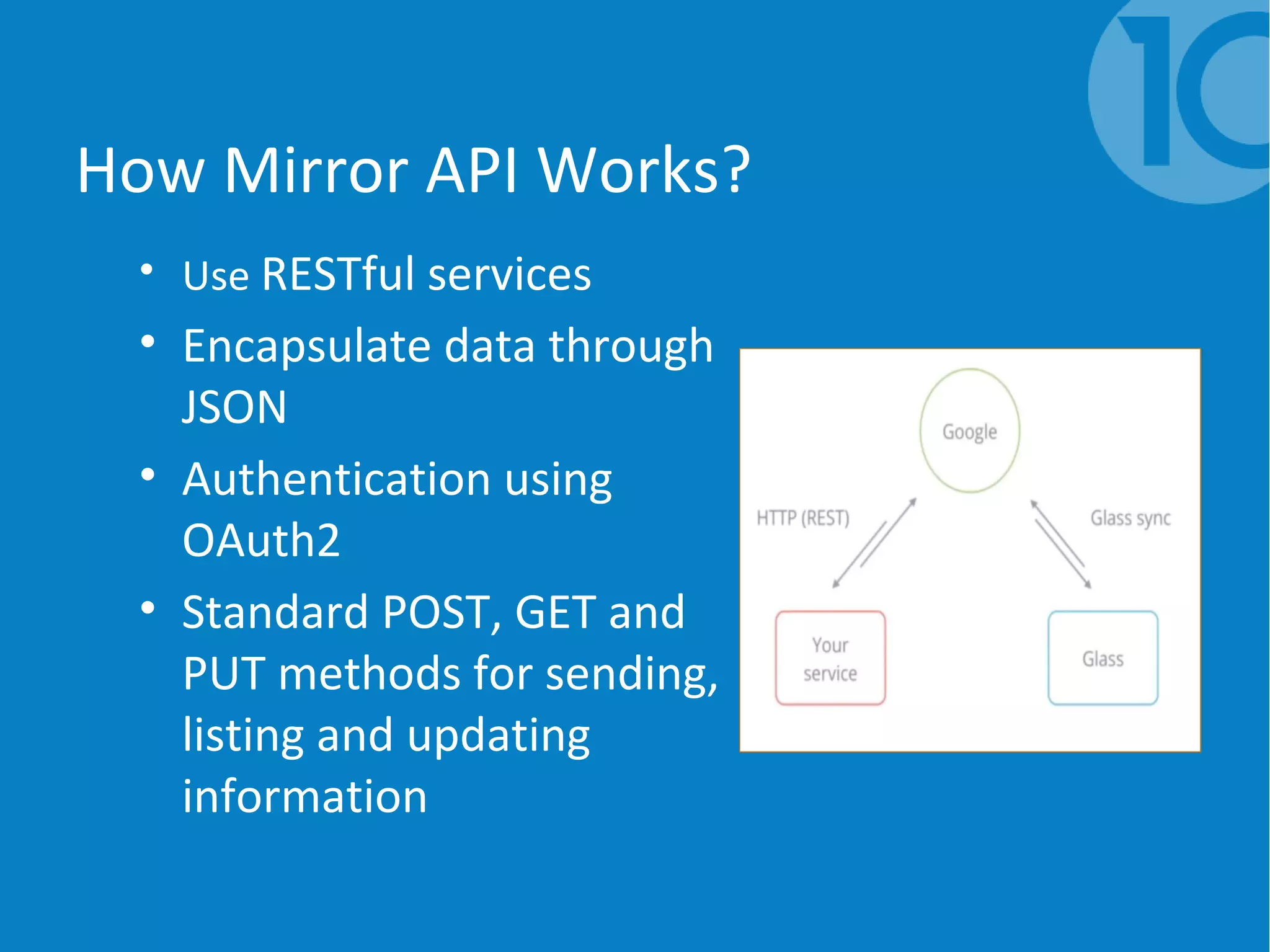 How Mirror API Works?
• Use RESTful services
• Encapsulate data through
JSON
• Authentication using
OAuth2
• Standard POST, GET and
PUT methods for sending,
listing and updating
information
 