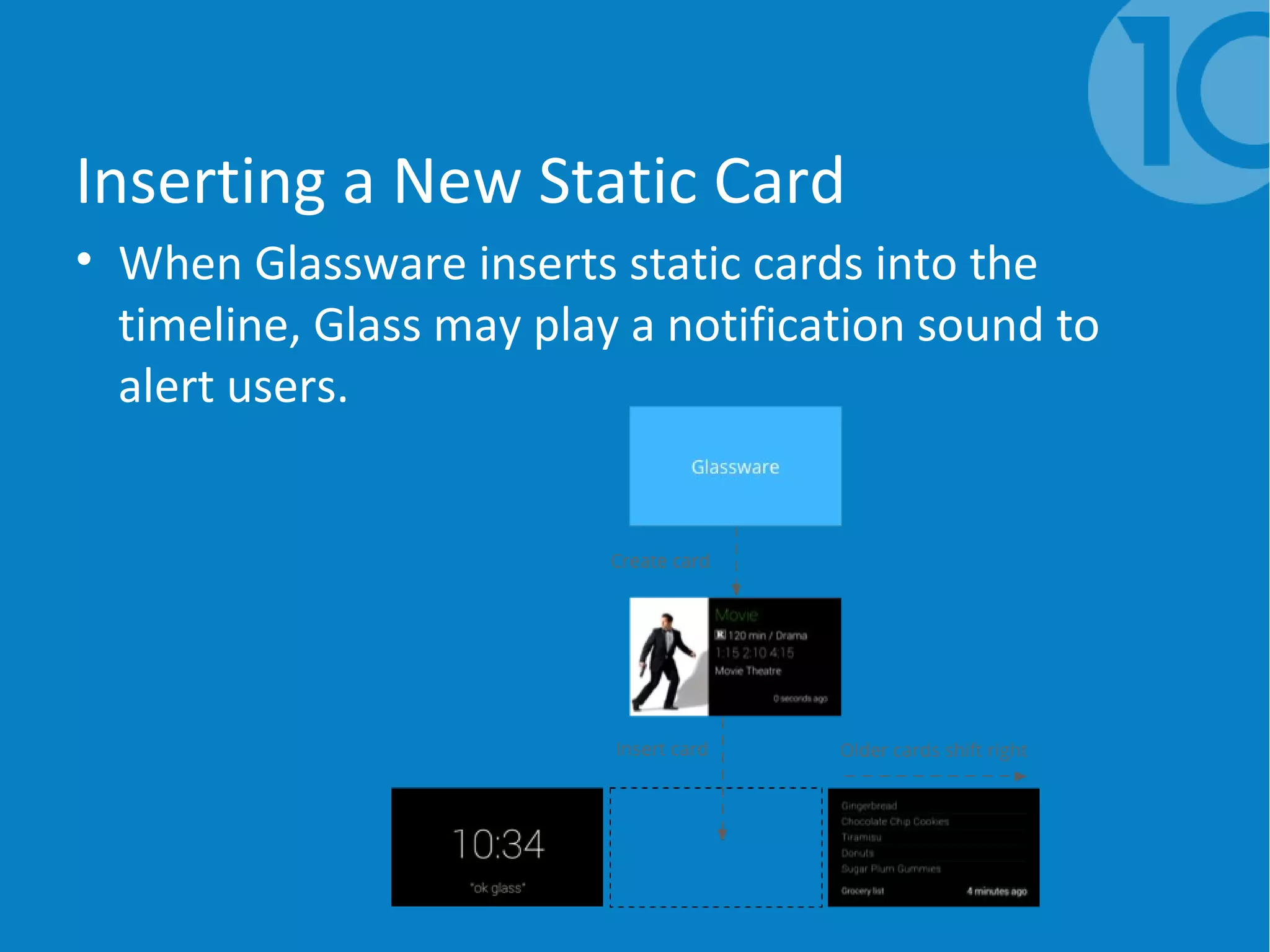 Inserting a New Static Card
• When Glassware inserts static cards into the
timeline, Glass may play a notification sound to
alert users.
 
