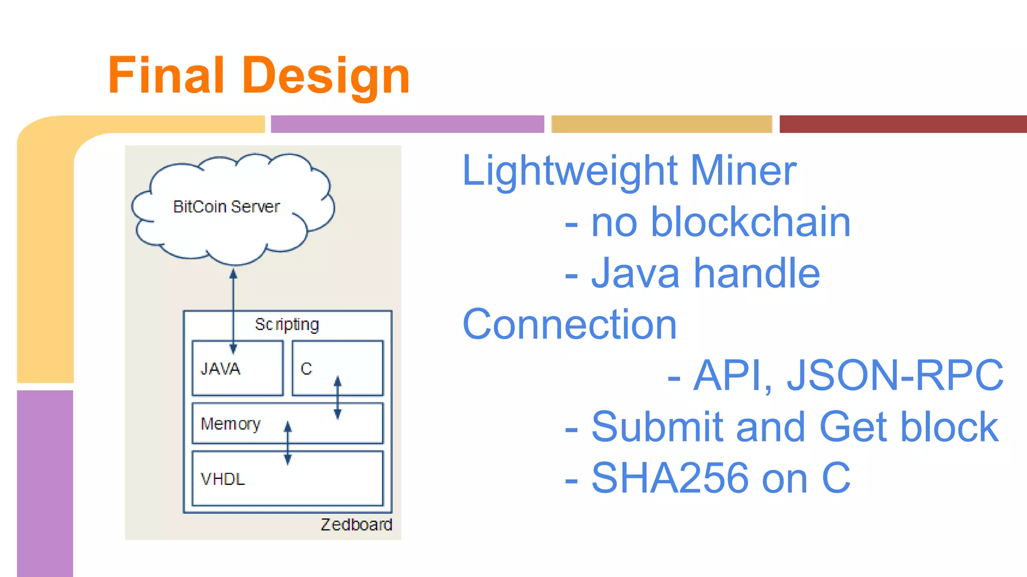 Final Design 
Lightweight Miner 
- no blockchain 
- Java handle 
Connection 
- API, JSON-RPC 
- Submit and Get block 
- SHA256 on C 
 