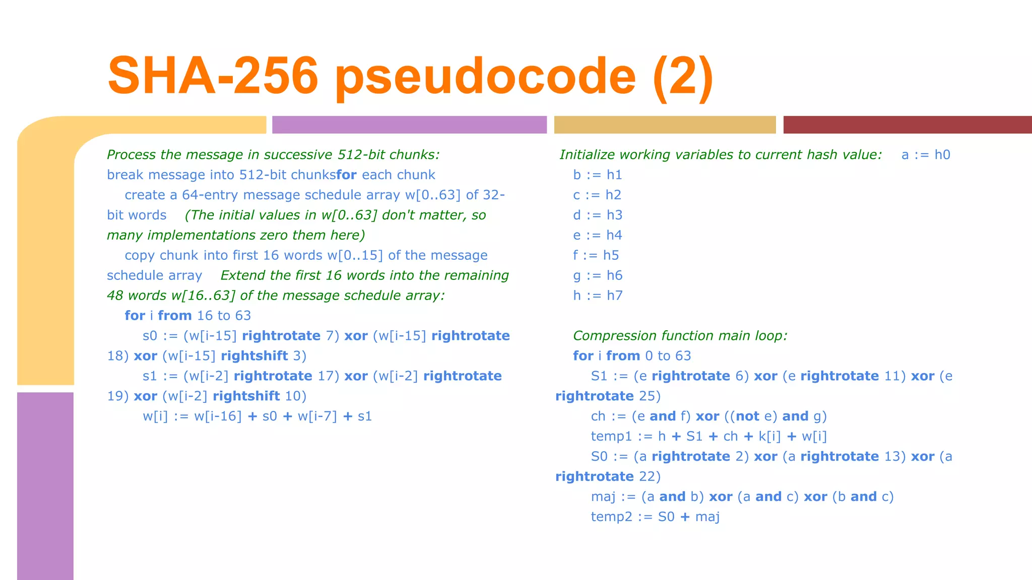 SHA-256 pseudocode (2) 
Process the message in successive 512-bit chunks: 
break message into 512-bit chunksfor each chunk 
create a 64-entry message schedule array w[0..63] of 32- 
bit words (The initial values in w[0..63] don't matter, so 
many implementations zero them here) 
copy chunk into first 16 words w[0..15] of the message 
schedule array Extend the first 16 words into the remaining 
48 words w[16..63] of the message schedule array: 
for i from 16 to 63 
s0 := (w[i-15] rightrotate 7) xor (w[i-15] rightrotate 
18) xor (w[i-15] rightshift 3) 
s1 := (w[i-2] rightrotate 17) xor (w[i-2] rightrotate 
19) xor (w[i-2] rightshift 10) 
w[i] := w[i-16] + s0 + w[i-7] + s1 
Initialize working variables to current hash value: a := h0 
b := h1 
c := h2 
d := h3 
e := h4 
f := h5 
g := h6 
h := h7 
Compression function main loop: 
for i from 0 to 63 
S1 := (e rightrotate 6) xor (e rightrotate 11) xor (e 
rightrotate 25) 
ch := (e and f) xor ((not e) and g) 
temp1 := h + S1 + ch + k[i] + w[i] 
S0 := (a rightrotate 2) xor (a rightrotate 13) xor (a 
rightrotate 22) 
maj := (a and b) xor (a and c) xor (b and c) 
temp2 := S0 + maj 
 