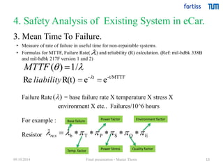 4. Safety Analysis of Existing System in eCar. 
13 
3. Mean Time To Failure. 
• Measure of rate of failure in useful time for non-repairable systems. 
• Formulas for MTTF, Failure Rate( ) and reliability (R) calculation. (Ref: mil-hdbk 338B 
and mil-hdbk 217F version 1 and 2) 
MTTF ( )  1/ 
- t -t/MTTF Re R(t)  e  e  liability 
Failure Rate = base failure rate X temperature X stress X 
environment X etc.. Failures/10^6 hours 
For example : 
Resistor 
) ( 
 
Base failure 
Power factor 
Environment factor 
b T P S Q E         res 
Temp. factor 
Power Stress 
Quality factor 
09.10.2014 Final presentation - Master Thesis 
 