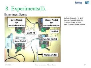 8. Experiments(I). 
37 
Experiment Setup: 
Master Node2 
Or 
Redundant Node 
Master Node1 
Slave Node2 
Or 
Redundant Node 
Slave Node1 
UART-R1 
UART-R 
Aluminum foil 
Default Channel – 12 & 19 
Backup Channel - 16 & 21 
Transmit power – 3dBm 
Max. Transmit Power – 5dBm 
09.10.2014 Final presentation - Master Thesis 
 