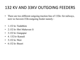 132 KV AND 33KV OUTGOING FEEDERS 
• There are two different outgoing traction line of 132kv for railways, 
next we have si...