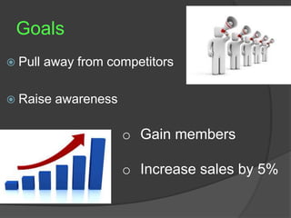 Goals 
 Pull away from competitors 
 Raise awareness 
o Gain members 
o Increase sales by 5% 
 