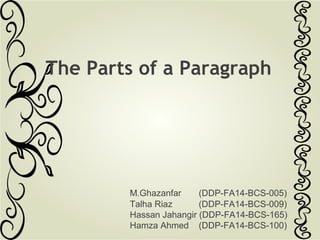The Parts of a Paragraph
M.Ghazanfar (DDP-FA14-BCS-005)
Talha Riaz (DDP-FA14-BCS-009)
Hassan Jahangir (DDP-FA14-BCS-165)
Hamza Ahmed (DDP-FA14-BCS-100)
 