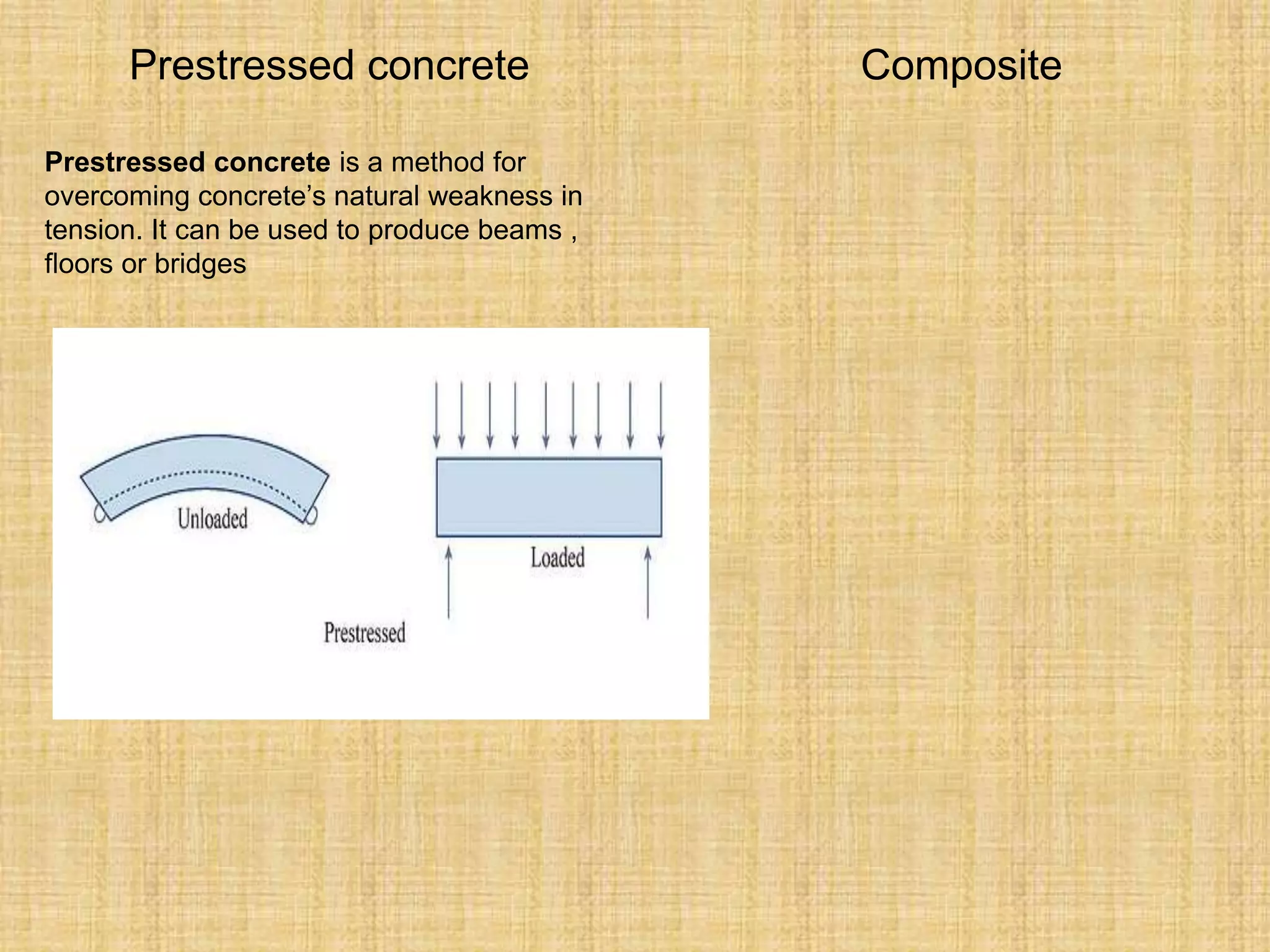 Prestressed concrete is a method for
overcoming concrete’s natural weakness in
tension. It can be used to produce beams ,
floors or bridges
Prestressed concrete Composite
 