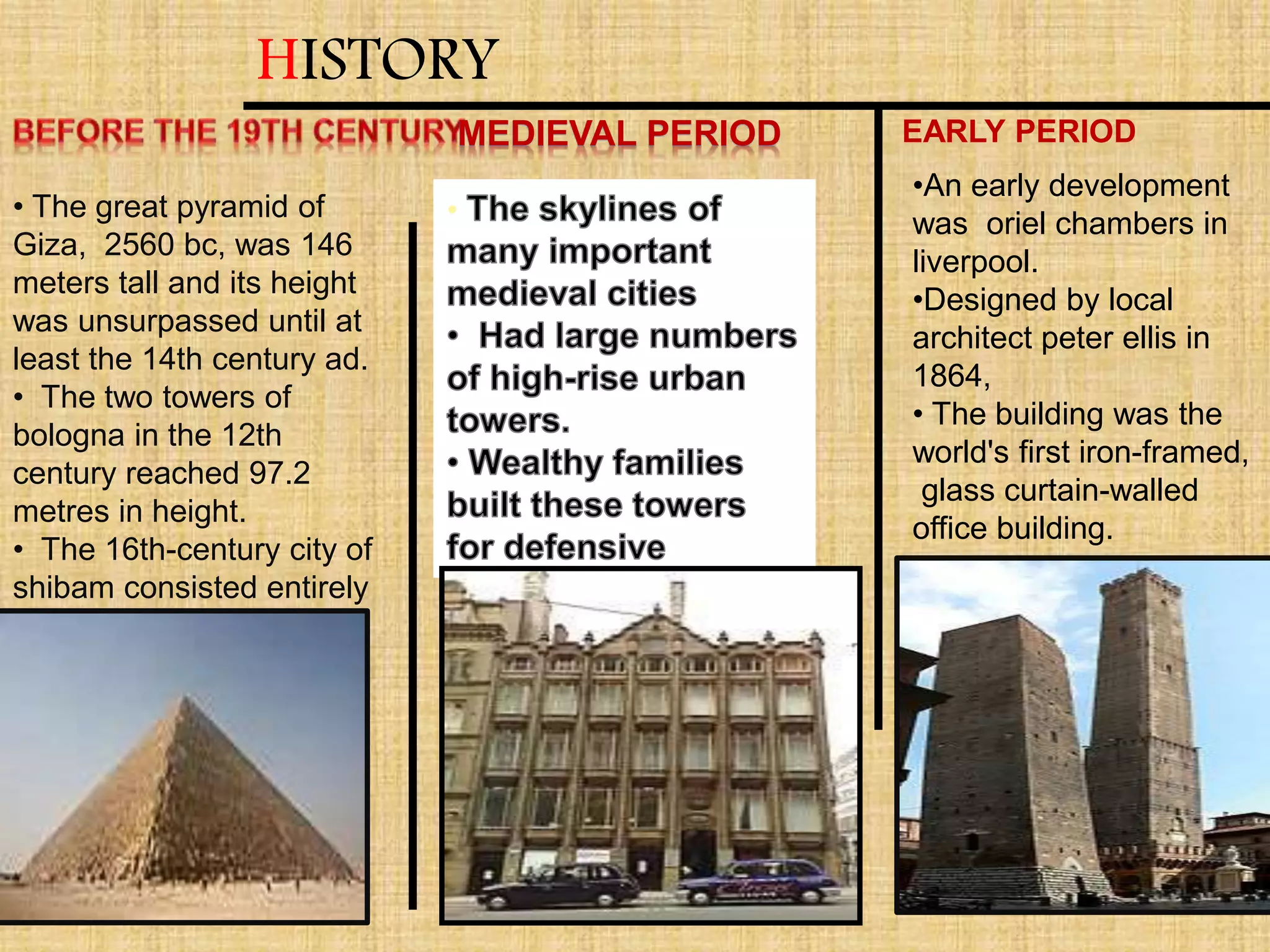 • The great pyramid of
Giza, 2560 bc, was 146
meters tall and its height
was unsurpassed until at
least the 14th century ad.
• The two towers of
bologna in the 12th
century reached 97.2
metres in height.
• The 16th-century city of
shibam consisted entirely
of over 500 high-rise
tower houses.
MEDIEVAL PERIOD
•
HISTORY
EARLY PERIOD
•An early development
was oriel chambers in
liverpool.
•Designed by local
architect peter ellis in
1864,
• The building was the
world's first iron-framed,
glass curtain-walled
office building.
 