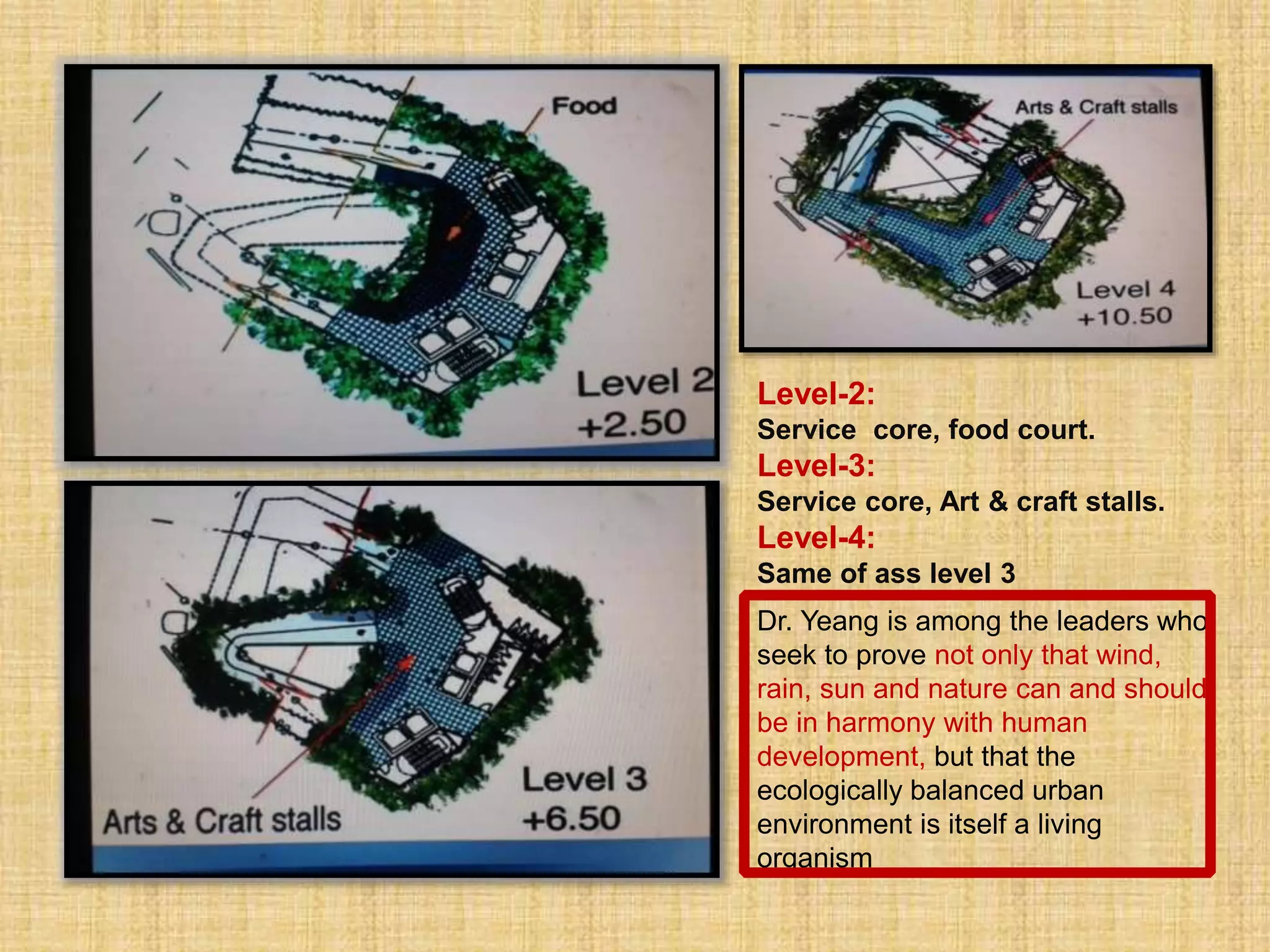 Level-2:
Service core, food court.
Level-3:
Service core, Art & craft stalls.
Level-4:
Same of ass level 3
Dr. Yeang is among the leaders who
seek to prove not only that wind,
rain, sun and nature can and should
be in harmony with human
development, but that the
ecologically balanced urban
environment is itself a living
organism
 