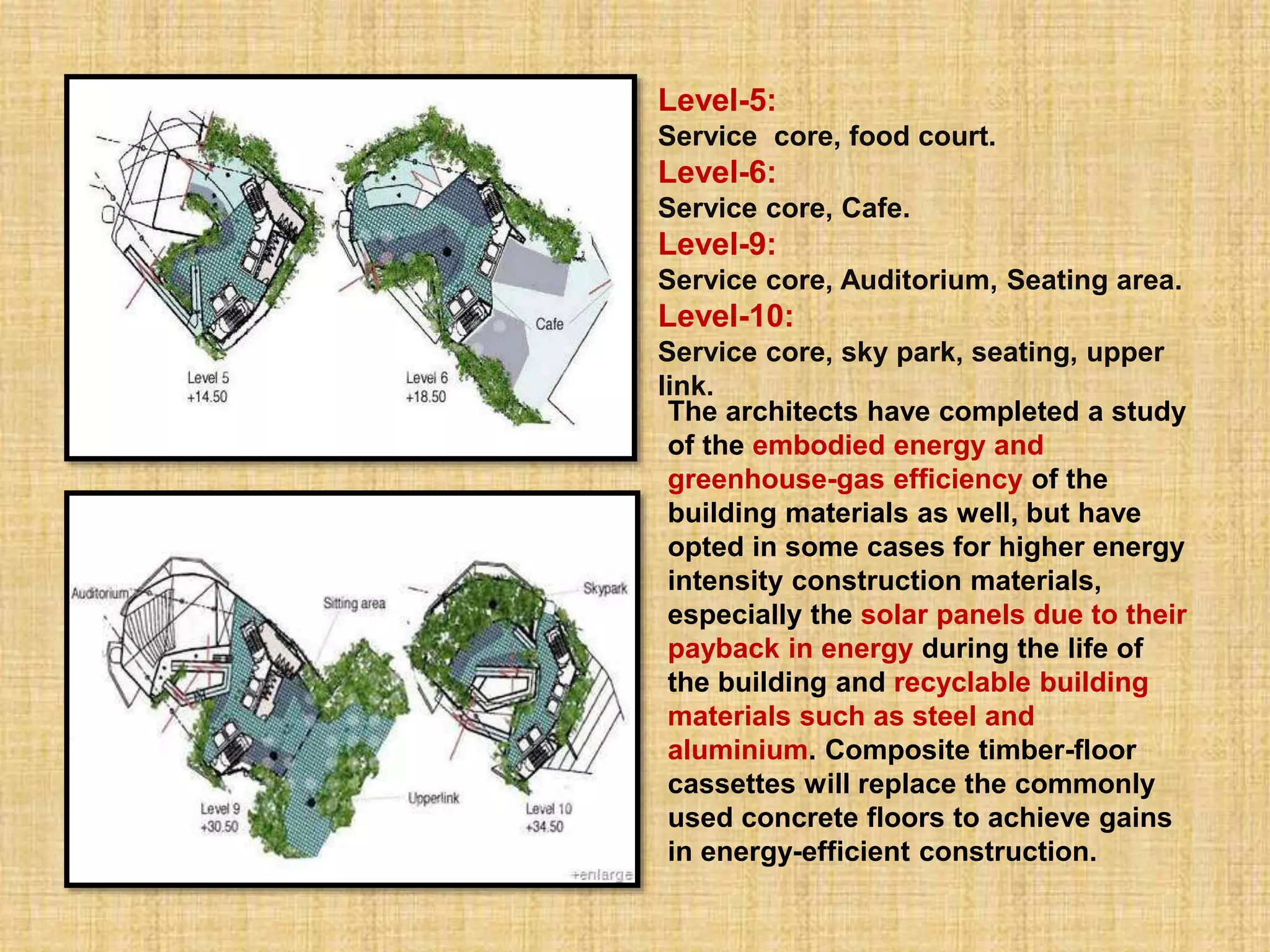 Level-5:
Service core, food court.
Level-6:
Service core, Cafe.
Level-9:
Service core, Auditorium, Seating area.
Level-10:
Service core, sky park, seating, upper
link.
The architects have completed a study
of the embodied energy and
greenhouse-gas efficiency of the
building materials as well, but have
opted in some cases for higher energy
intensity construction materials,
especially the solar panels due to their
payback in energy during the life of
the building and recyclable building
materials such as steel and
aluminium. Composite timber-floor
cassettes will replace the commonly
used concrete floors to achieve gains
in energy-efficient construction.
 