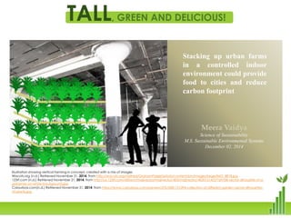 TALL, GREEN AND DELICIOUS!
Stacking up urban farms
in a controlled indoor
environment could provide
food to cities and reduce
carbon footprint
Meera Vaidya
Science of Sustainability
M.S. Sustainable Environmental Systems
December 02, 2014
Illustration showing vertical farming in concept, created with a mix of images
Wacots.org (n.d.) Retrieved November 21, 2014, from http://wacots.org/nailhed/GrahamPaigeDeSoto/content/bin/images/large/IMG_8818.jpg
123rf.com (n.d.) Retrieved November 21, 2014, from http://us.123rf.com/450wm/majivecka/majivecka1403/majivecka140301514/27169708-vector-silhouette-of-a-
gardener-on-white-background.jpg
Colourbox.com(n.d.) Retrieved November 21, 2014, from https://www.colourbox.com/preview/2761000-151094-collection-of-different-garden-vector-silhouettes-
of-plants.jpg
 