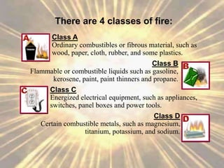 There are 4 classes of fire:
Class A
Ordinary combustibles or fibrous material, such as
wood, paper, cloth, rubber, and some plastics.
Class B
Flammable or combustible liquids such as gasoline,
kerosene, paint, paint thinners and propane.
Class C
Energized electrical equipment, such as appliances,
switches, panel boxes and power tools.
Class D
Certain combustible metals, such as magnesium,
titanium, potassium, and sodium.
 