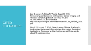 CITED
LITERATURE
Loo C, Lowery A, Halas N, West J, Dezek R. 2005.
Immunotargeted Nanoshells for Integrated Cancer Imaging and
Therapy. Nano Lett. [Internet; cited May 14]. Doi:
10.1021/nl050127s. Recovered at:
http://faculty.washington.edu/markeh/MSE599/Loo_Nanolett_2005.
pdf
Ning Z, Xiongbiao C. 2013. Biofabrication of Tissue Scaffolds in
book entitled. Advances in Biomaterials Science and Biomedical
Applications. Recovered at: http://ppl.ippt.gov.pl/18-few-words-
about/17-electrospinning
 