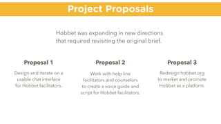 Hobbet was expanding in new directions
that required revisiting the original brief.
Project Proposals
Proposal 1
Design and iterate on a
usable chat interface
for Hobbet facilitators.
Proposal 2
Work with help line
facilitators and counselors  
to create a voice guide and
script for Hobbet facilitators.
Proposal 3
Redesign hobbet.org
to market and promote
Hobbet as a platform.
 