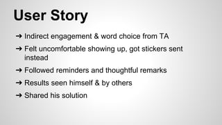 User Story
➔ Indirect engagement & word choice from TA
➔ Felt uncomfortable showing up, got stickers sent
instead
➔ Followed reminders and thoughtful remarks
➔ Results seen himself & by others
➔ Shared his solution
 