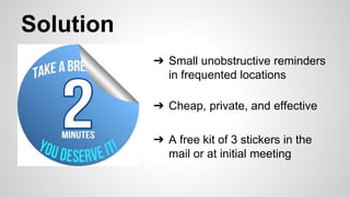 Solution
➔ Small unobstructive reminders
in frequented locations
➔ Cheap, private, and effective
➔ A free kit of 3 stickers in the
mail or at initial meeting
 