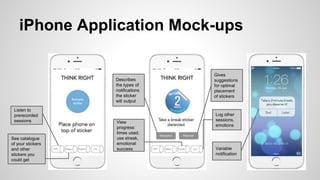 iPhone Application Mock-ups
Listen to
prerecorded
sessions
See catalogue
of your stickers
and other
stickers you
could get
Describes
the types of
notifications
the sticker
will output
Gives
suggestions
for optimal
placement
of stickers
View
progress:
times used,
use streak,
emotional
success
Log other
sessions,
emotions
Variable
notification
 