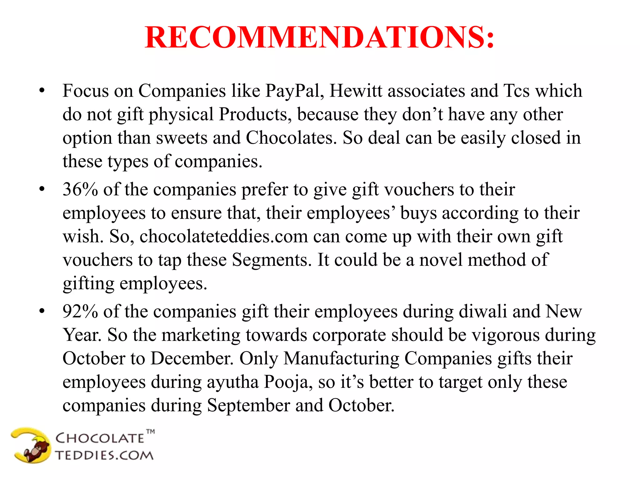 RECOMMENDATIONS:
• Focus on Companies like PayPal, Hewitt associates and Tcs which
do not gift physical Products, because they don’t have any other
option than sweets and Chocolates. So deal can be easily closed in
these types of companies.
• 36% of the companies prefer to give gift vouchers to their
employees to ensure that, their employees’ buys according to their
wish. So, chocolateteddies.com can come up with their own gift
vouchers to tap these Segments. It could be a novel method of
gifting employees.
• 92% of the companies gift their employees during diwali and New
Year. So the marketing towards corporate should be vigorous during
October to December. Only Manufacturing Companies gifts their
employees during ayutha Pooja, so it’s better to target only these
companies during September and October.
 