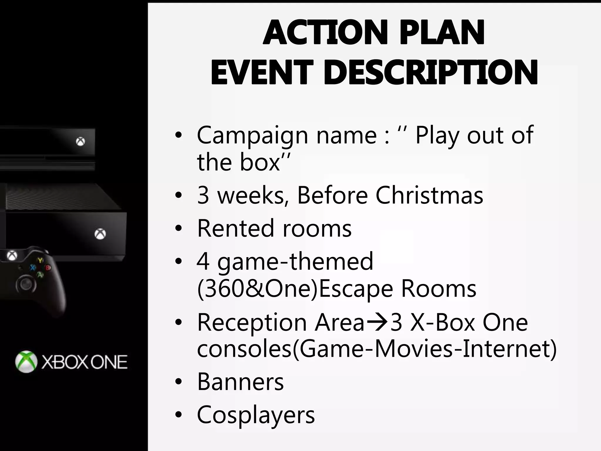 • Campaign name : ‘’ Play out of
the box’’
• 3 weeks, Before Christmas
• Rented rooms
• 4 game-themed
(360&One)Escape Rooms
• Reception Area3 X-Box One
consoles(Game-Movies-Internet)
• Banners
• Cosplayers
 