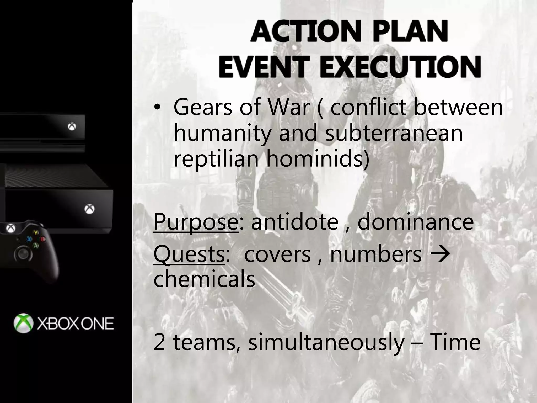 • Gears of War ( conflict between
humanity and subterranean
reptilian hominids)
Purpose: antidote , dominance
Quests: covers , numbers 
chemicals
2 teams, simultaneously – Time
 