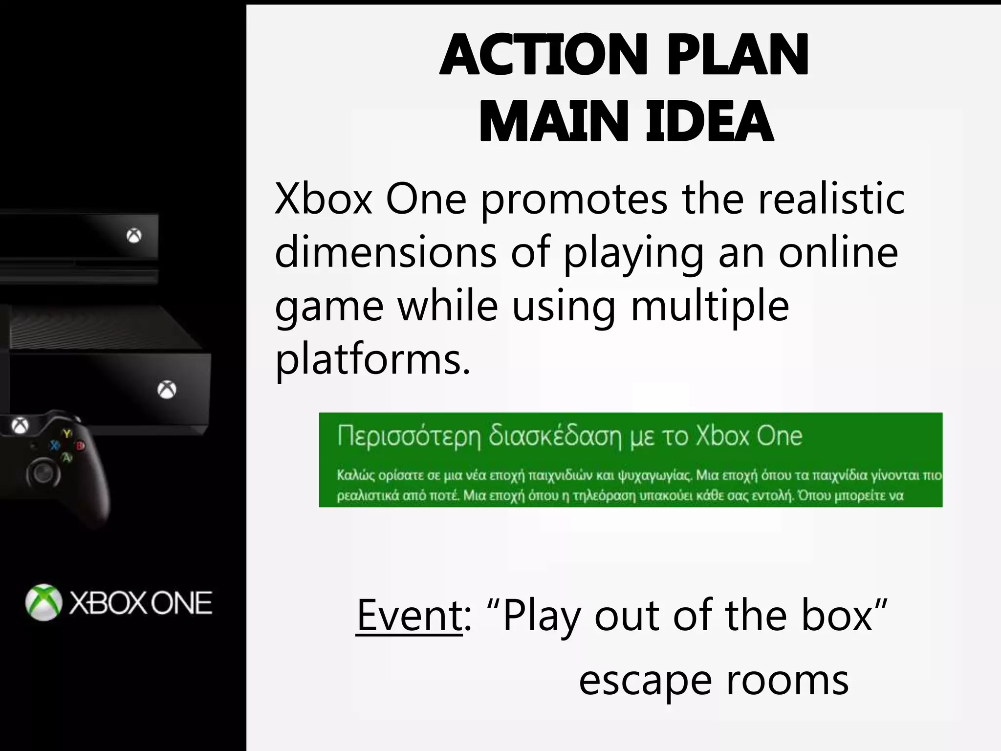 Xbox One promotes the realistic
dimensions of playing an online
game while using multiple
platforms.
Event: “Play out of the box”
escape rooms
 