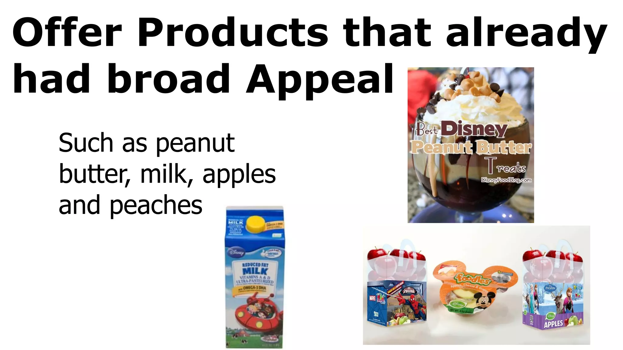 Offer Products that already
had broad Appeal
Such as peanut
butter, milk, apples
and peaches
 