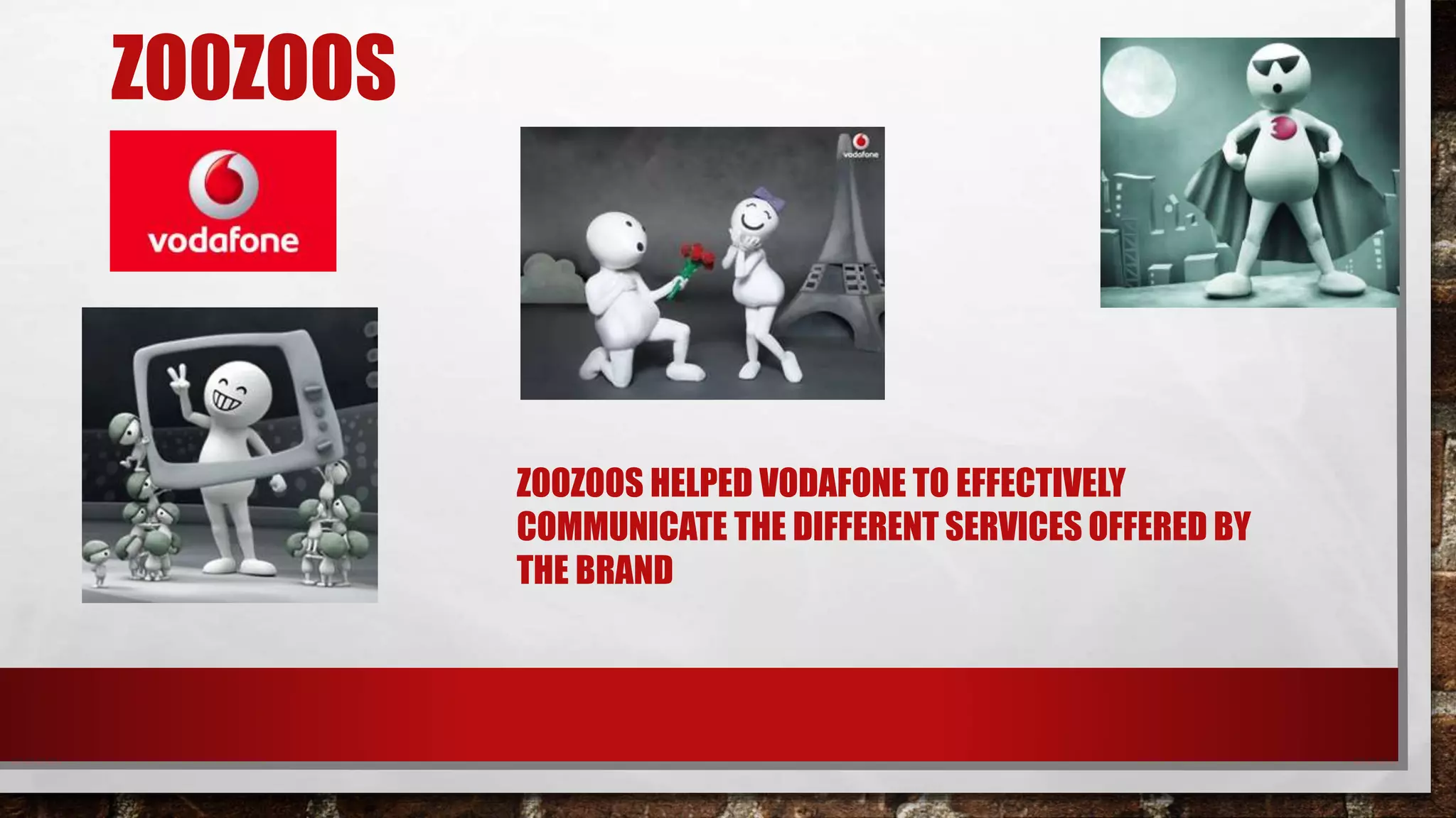 ZO0ZOOS
ZOOZOOS HELPED VODAFONE TO EFFECTIVELY
COMMUNICATE THE DIFFERENT SERVICES OFFERED BY
THE BRAND
 