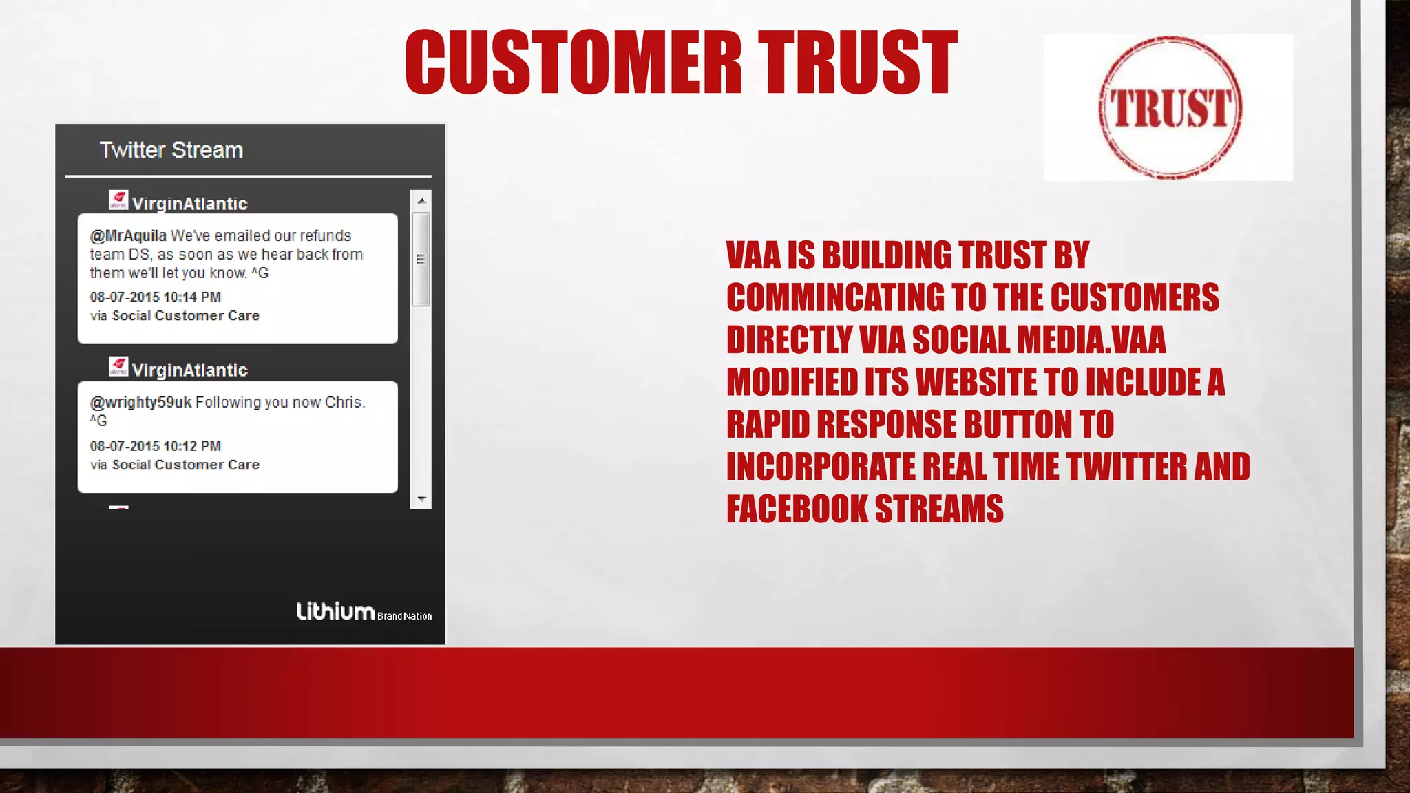 CUSTOMER TRUST
VAA IS BUILDING TRUST BY
COMMINCATING TO THE CUSTOMERS
DIRECTLY VIA SOCIAL MEDIA.VAA
MODIFIED ITS WEBSITE TO INCLUDE A
RAPID RESPONSE BUTTON TO
INCORPORATE REAL TIME TWITTER AND
FACEBOOK STREAMS
 