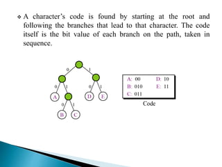  A character’s code is found by starting at the root and
following the branches that lead to that character. The code
itself is the bit value of each branch on the path, taken in
sequence.
 