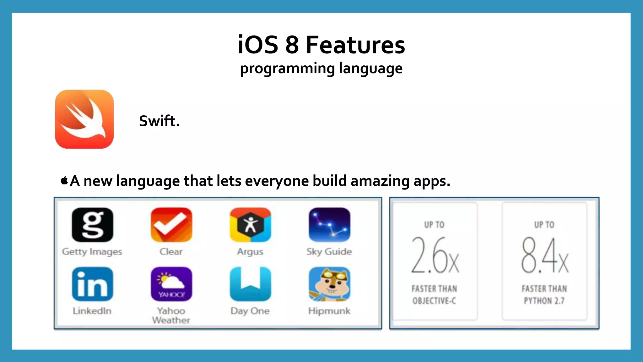 iOS 8 Features
programming language
Swift.
A new language that lets everyone build amazing apps.
 