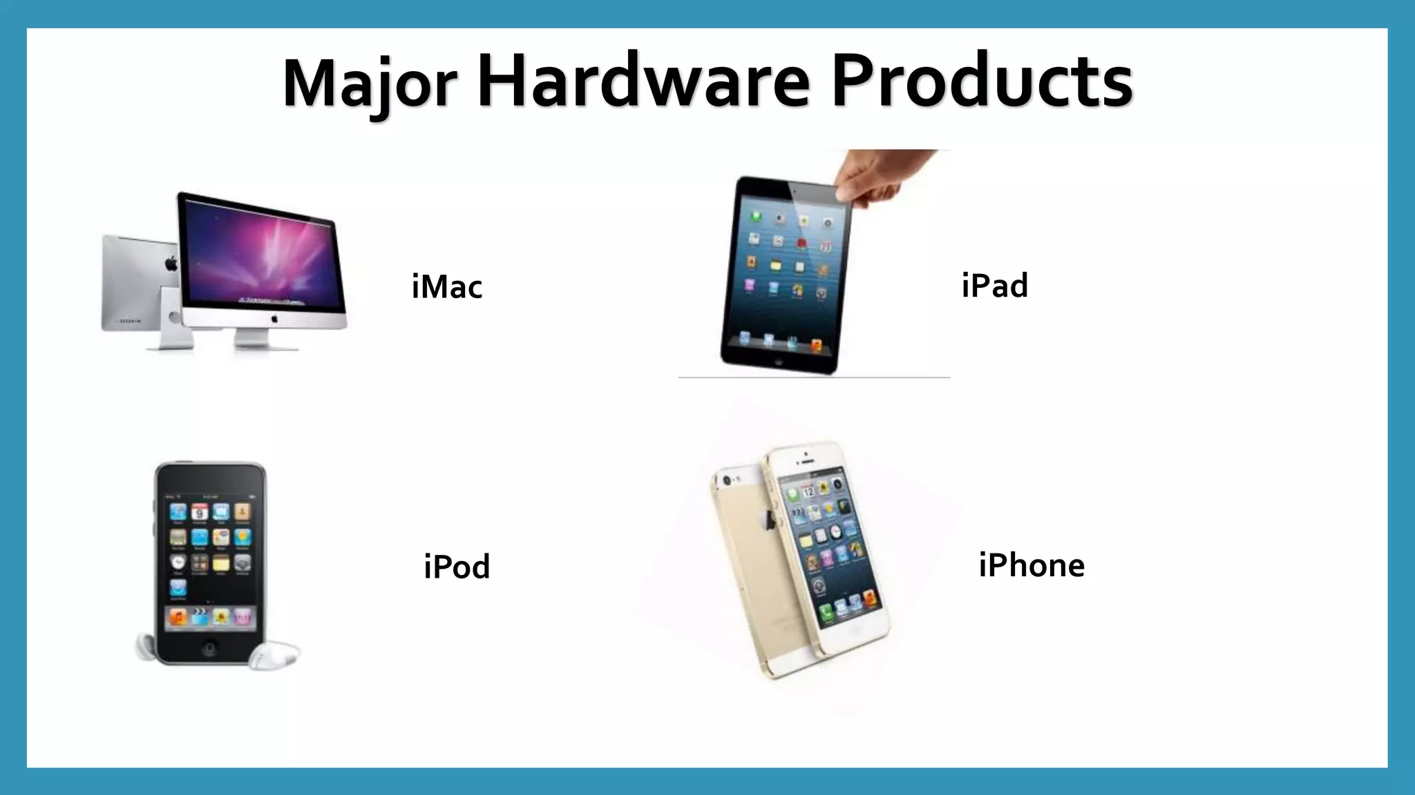 Major Hardware Products
iMac
iPod
iPad
iPhone
 