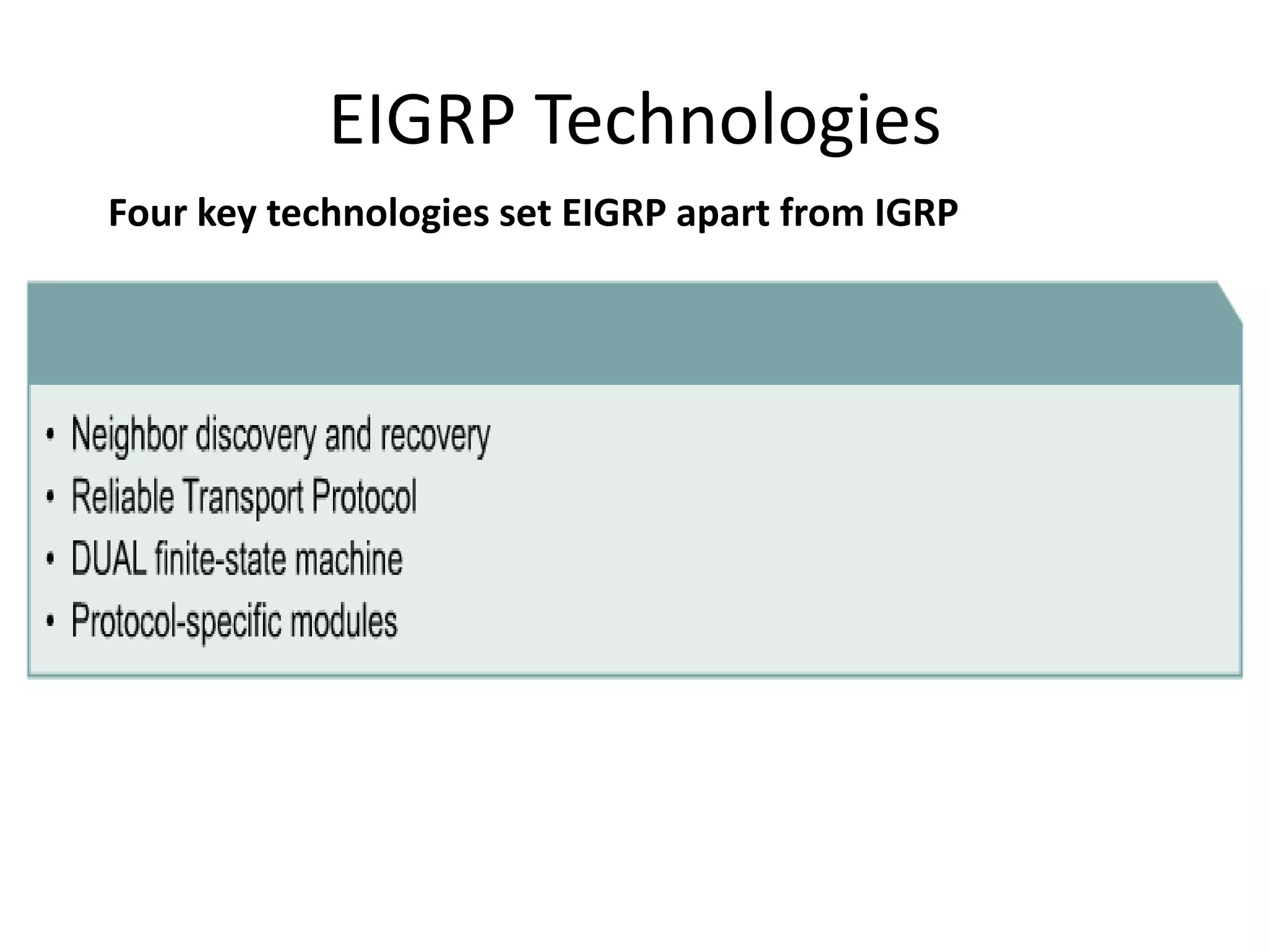 Four key technologies set EIGRP apart from IGRP
EIGRP Technologies
 