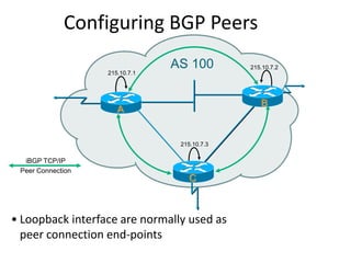Configuring BGP Peers
• Loopback interface are normally used as
peer connection end-points
AS 100
215.10.7.1
215.10.7.2
215.10.7.3
A
B
C
iBGP TCP/IP
Peer Connection
 