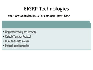 Four key technologies set EIGRP apart from IGRP
EIGRP Technologies
 