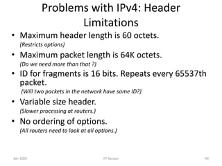 Apr 2005 IIT Kanpur 49
Problems with IPv4: Header
Limitations
• Maximum header length is 60 octets.
(Restricts options)
• Maximum packet length is 64K octets.
(Do we need more than that ?)
• ID for fragments is 16 bits. Repeats every 65537th
packet.
(Will two packets in the network have same ID?)
• Variable size header.
(Slower processing at routers.)
• No ordering of options.
(All routers need to look at all options.)
 