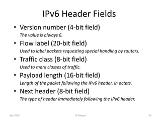 Apr 2005 IIT Kanpur 56
IPv6 Header Fields
• Version number (4-bit field)
The value is always 6.
• Flow label (20-bit field)
Used to label packets requesting special handling by routers.
• Traffic class (8-bit field)
Used to mark classes of traffic.
• Payload length (16-bit field)
Length of the packet following the IPv6 header, in octets.
• Next header (8-bit field)
The type of header immediately following the IPv6 header.
 