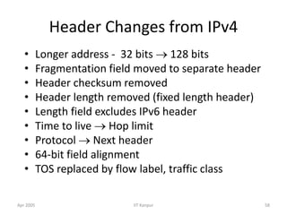 Apr 2005 IIT Kanpur 58
Header Changes from IPv4
• Longer address - 32 bits  128 bits
• Fragmentation field moved to separate header
• Header checksum removed
• Header length removed (fixed length header)
• Length field excludes IPv6 header
• Time to live  Hop limit
• Protocol  Next header
• 64-bit field alignment
• TOS replaced by flow label, traffic class
 