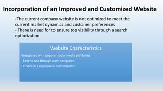 Incorporation of an Improved and Customized Website
- The current company website is not optimized to meet the
current market dynamics and customer preferences
- There is need for to ensure top visibility through a search
optimization
Website Characteristics
-Integrated with popular social media platforms
- Easy to use through easy navigation
- Embrace a responsive customization
 