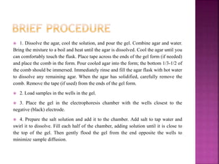  1. Dissolve the agar, cool the solution, and pour the gel. Combine agar and water.
Bring the mixture to a boil and heat until the agar is dissolved. Cool the agar until you
can comfortably touch the flask. Place tape across the ends of the gel form (if needed)
and place the comb in the form. Pour cooled agar into the form; the bottom 1/3-1/2 of
the comb should be immersed. Immediately rinse and fill the agar flask with hot water
to dissolve any remaining agar. When the agar has solidified, carefully remove the
comb. Remove the tape (if used) from the ends of the gel form.
 2. Load samples in the wells in the gel.
 3. Place the gel in the electrophoresis chamber with the wells closest to the
negative (black) electrode.
 4. Prepare the salt solution and add it to the chamber. Add salt to tap water and
swirl it to dissolve. Fill each half of the chamber, adding solution until it is close to
the top of the gel. Then gently flood the gel from the end opposite the wells to
minimize sample diffusion.
 