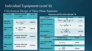 Elements Equation/condition
used
Result
Inlet feed
nozzle, dN
dN ≥ (
𝟒 𝐐 𝐦 𝛒 𝐌
𝟔𝟎𝛑
)
1/2 6.065 in
Vapor outlet
pipe
𝛒 𝐠 × 𝐕𝐠
𝟐
= 3750
kg/m.s2
5.047 in
Light liquid
outlet pipe
maximum allowable
velocity is 1m/s
0.364 in
Water outlet
pipe
maximum allowable
velocity is 1m/s
0.215 in
Elements Equation/condition applied Result
Shell Wall Thickness,
𝒕 𝐬𝐡𝐞𝐥𝐥
𝐓𝐡 𝐬𝐡𝐞𝐥𝐥 =
𝐏𝐃
𝟐𝐒𝐄 − 𝟏. 𝟐𝐏
+ 𝛔 𝐜 𝟏. 𝟕 𝐢𝐧
Head Wall Thickness,
thead
Thead =
𝐏𝐃
𝟐𝐒𝐄−𝟎.𝟐𝐏
+ 𝛔 𝐜 1.63 in
Skirt thickness, tS
S =
𝐖
𝛑×𝐃 𝐬𝐨×𝐭 𝐬
DSO = 34.08 + 2ts
1.49 inch
Skirt height Assumed 2ft
Elements Equation used Result
Determination of baffle area
Area of the baffle
plate, AL
AL=A-AD 4.76 ft2
Determination of baffle thickness
Baffle thickness, bt bt =
𝛃𝐩𝐛 𝟐
𝛔
3.58 in
Material-ASTM A516 GRADE 70
 