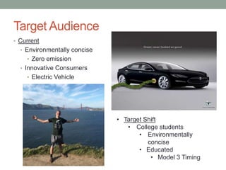 Target Audience
• Current
• Environmentally concise
• Zero emission
• Innovative Consumers
• Electric Vehicle
• Target Shift
• College students
• Environmentally
concise
• Educated
• Model 3 Timing
 