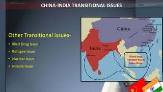 CHINA-INDIA TRANSITIONAL ISSUES
Other Transitional Issues-
• Illicit Drug Issue
• Refugee Issue
• Nuclear Issue
• Missile Issue
Illiccit drug
Transport Route
India-China
 