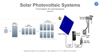 88
Solar Photovoltaic Systems
Formation & Connections
Typical output of a module (~30 cells) is ≈ 17 V, with 5 A current
 