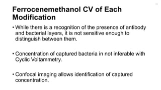 Ferrocenemethanol CV of Each
Modification
• While there is a recognition of the presence of antibody
and bacterial layers, it is not sensitive enough to
distinguish between them.
• Concentration of captured bacteria in not inferable with
Cyclic Voltammetry.
• Confocal imaging allows identification of captured
concentration.
11
 