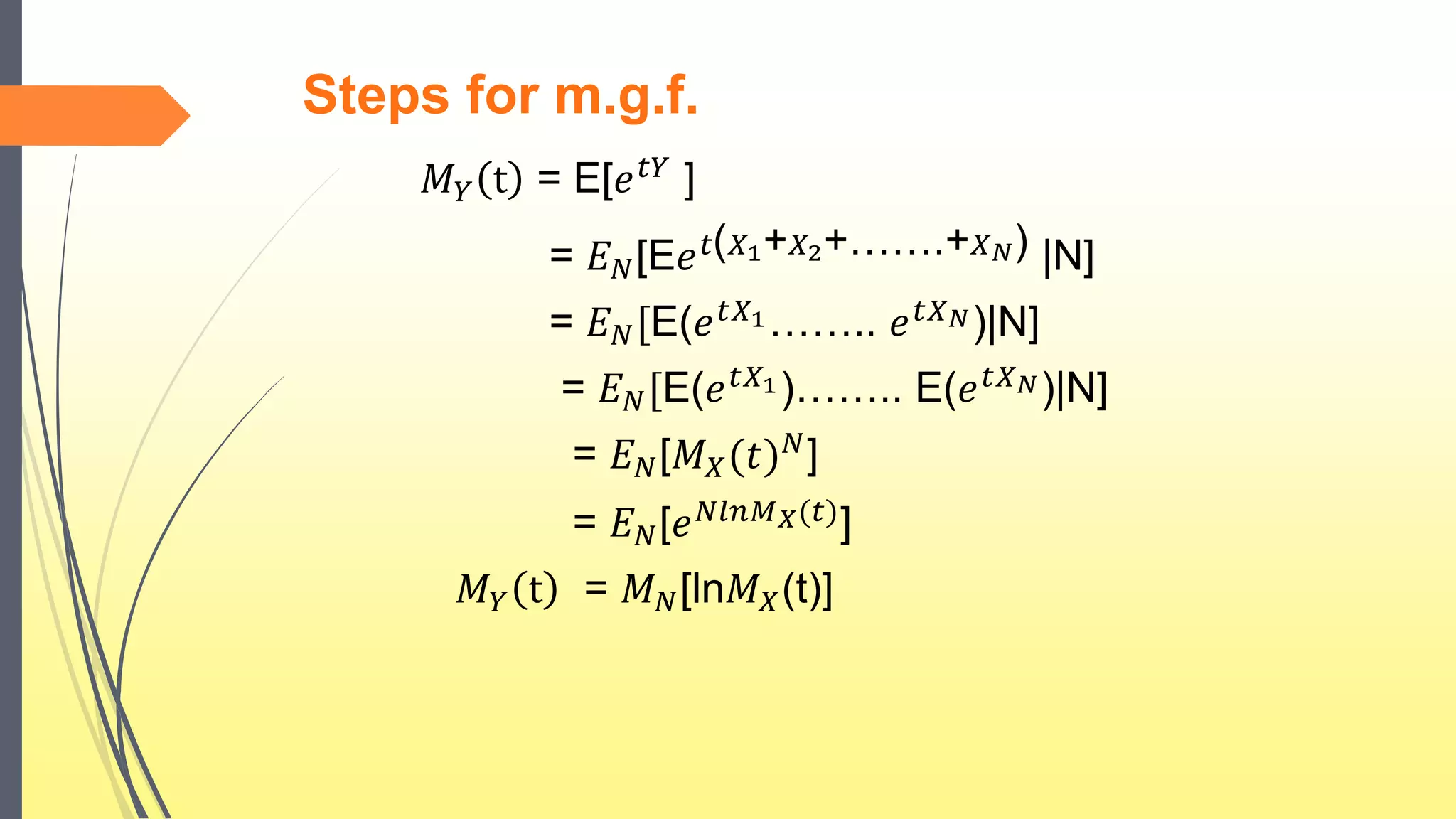 Steps for m.g.f.
𝑀 𝑌 t = E[𝑒 𝑡𝑌 ]
= 𝐸 𝑁[E𝑒 𝑡( 𝑋1+ 𝑋2+…….+ 𝑋 𝑁) |N]
= 𝐸 𝑁[E(𝑒 𝑡𝑋1…….. 𝑒 𝑡𝑋 𝑁)|N]
= 𝐸 𝑁[E(𝑒 𝑡𝑋1)…….. E(𝑒 𝑡𝑋 𝑁)|N]
= 𝐸 𝑁[𝑀 𝑋(𝑡) 𝑁
]
= 𝐸 𝑁[𝑒 𝑁𝑙𝑛𝑀 𝑋(𝑡)
]
𝑀 𝑌 t = 𝑀 𝑁[ln𝑀 𝑋(t)]
 